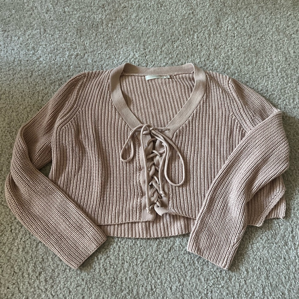 LF Millau Cropped Lace-Up Blush Knit Sweater